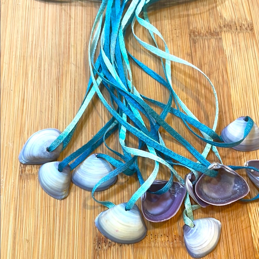 10 Mermaid Party Favor Shell Necklaces with silk ocean tone ribbon.  Hand made